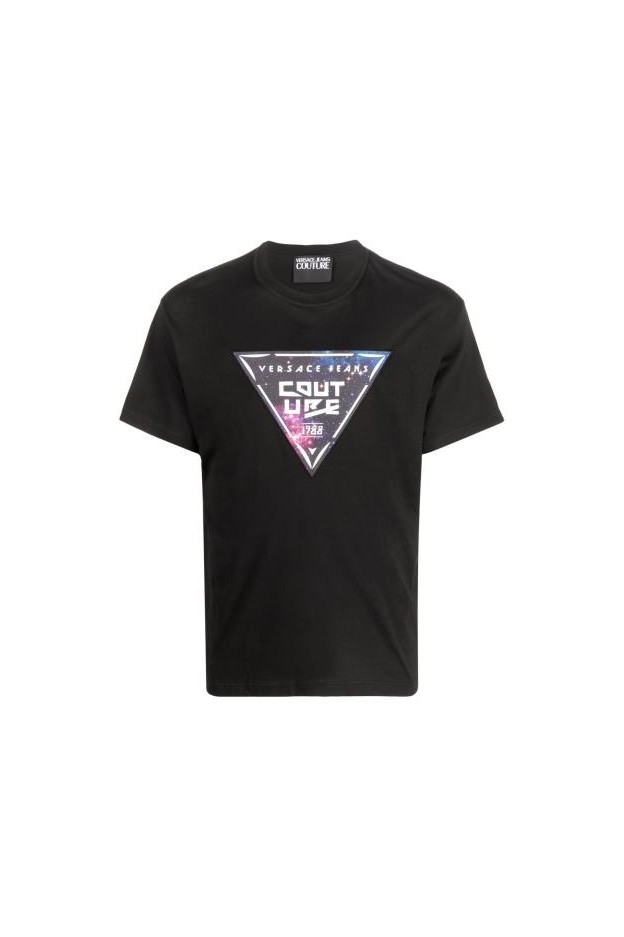 Versace Jeans Couture T-shirt nera con logo multicolor 73GAHF07 CJ03F