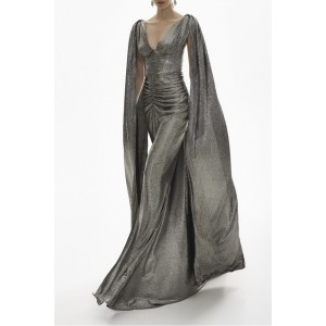 Rhea Costa Sari Long Platinum Metallic Light Crepe Dress With Capes 23215D-M12 Platinum