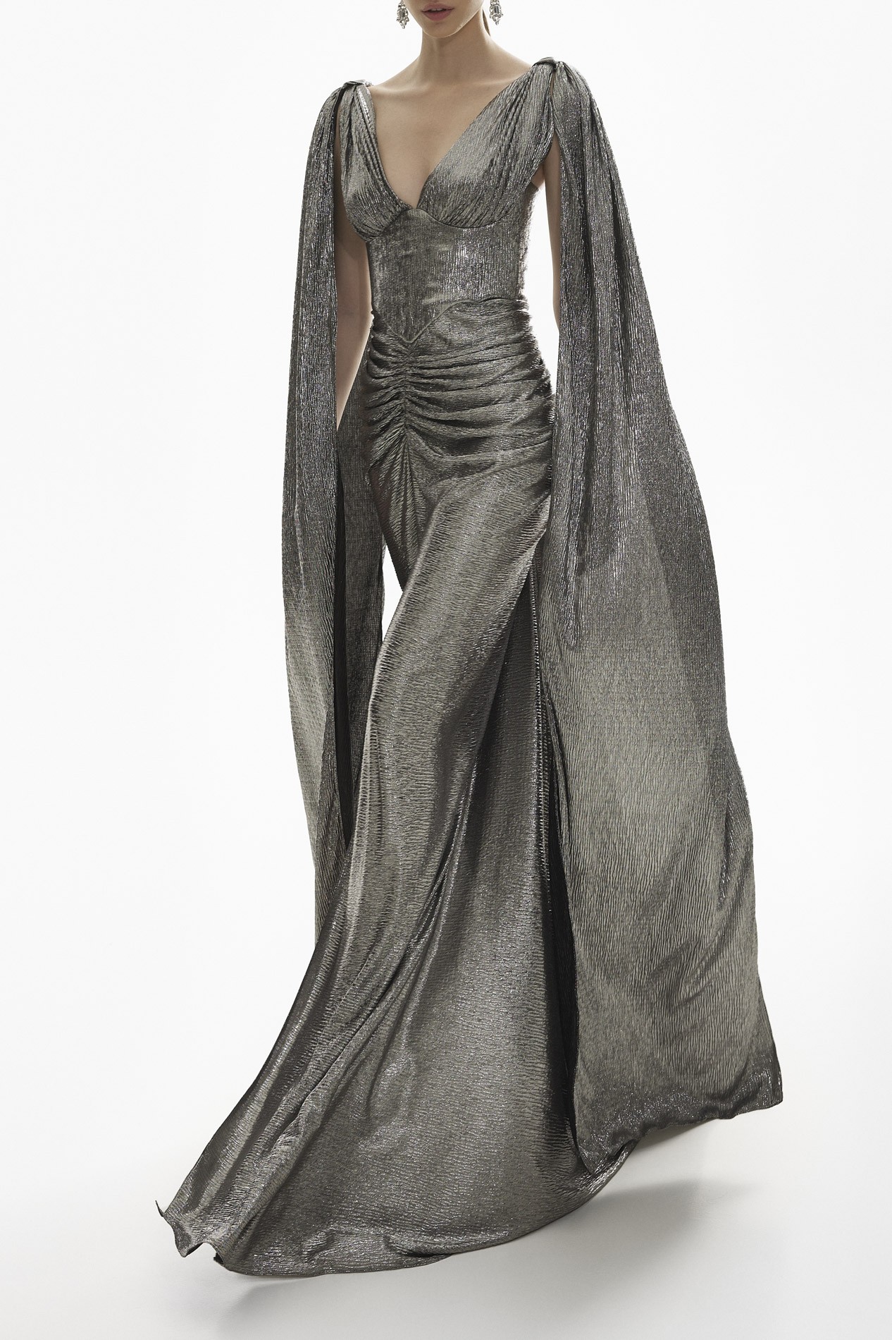 Rhea Costa Sari Long Platinum Metallic Light Crepe Dress With Capes 23215D-M12 Platinum