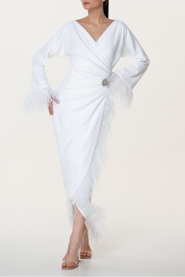 Rhea Costa Mona Ivory Feathers Trimmed Crepe Dress 23008DE01-W02 Ivory