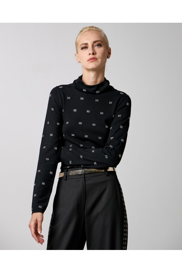 Access Fashion Knitted turtleneck rhinestone blouse 34-8006-BLACK