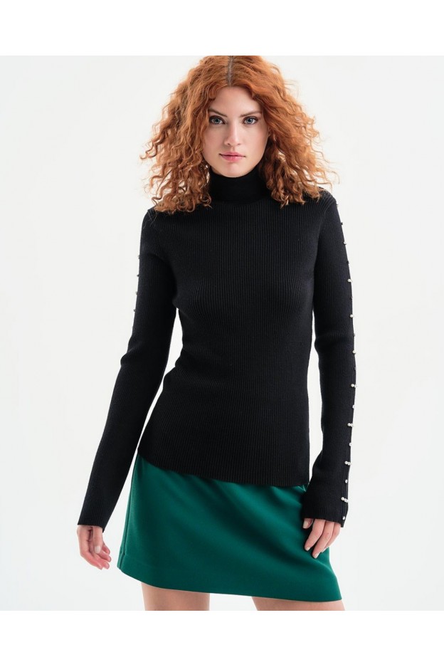 Access Fashion Knitted turtleneck with rhinestone sleeves 34-8003-BLACK