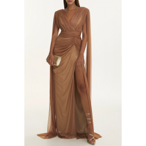 Rhea Costa Luna Bronze Silk Tulle Long Dress With Capes Bronze