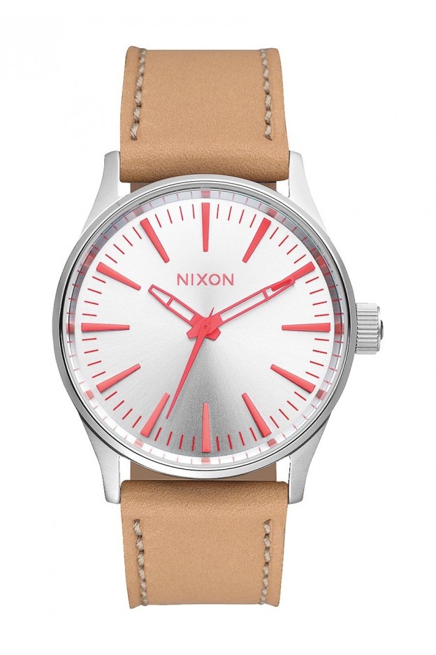 Nixon Sentry 38 Leather , 38 Mm Silver / Bright Coral / Natura A377-2089-00 - New Collection 2018