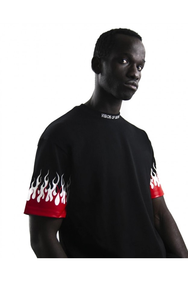 Vision Of Super Red-White Double Flames Black T-shirt - New Collection Autumn Winter 2020