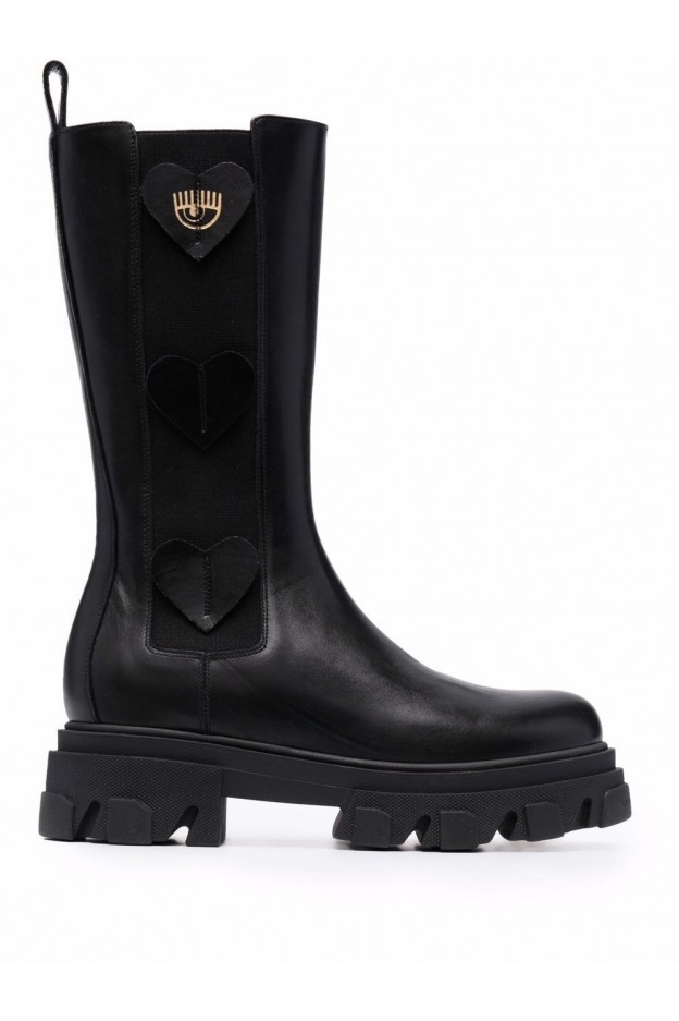 Chiara Ferragni Heart Patch Leather Boots CF2853 001 BLACK - New Season Fall Winter 2021 - 2022