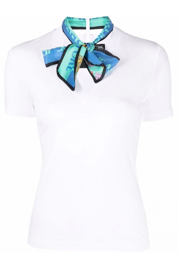 Versace Jeans Couture Logo-Scarf V-Neck T-Shirt 72HAH604 J0020 003 White - Sring Summer 2022