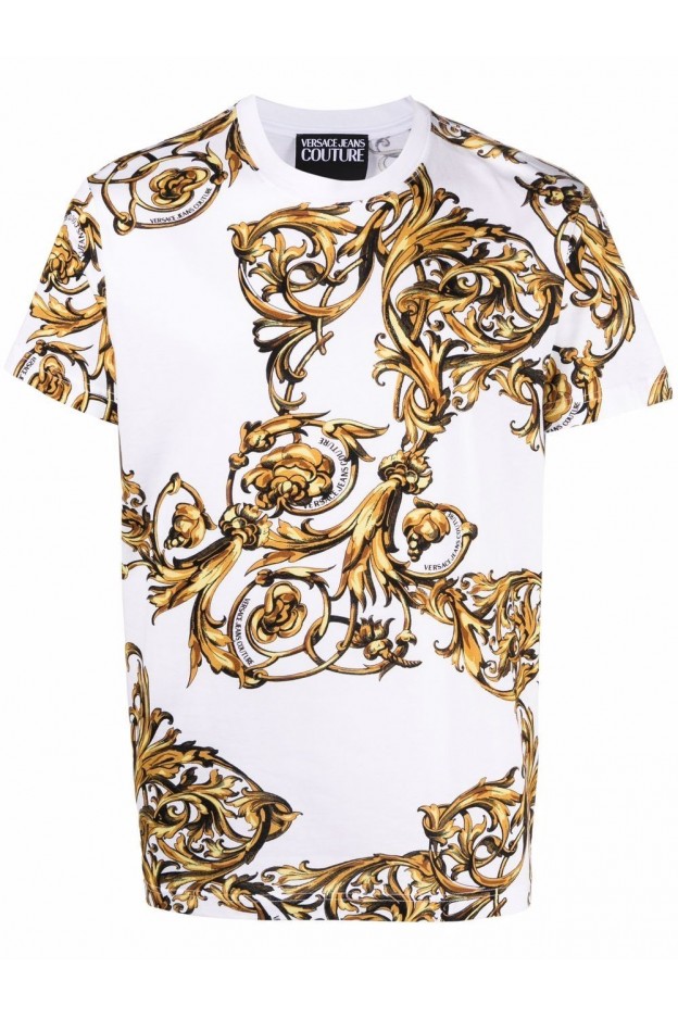 Versace Jeans Couture Barocco-Print Cotton T-Shirt 72GAH6S0 JS049 G03 WHITE + GOLD - Spring Summer 2022