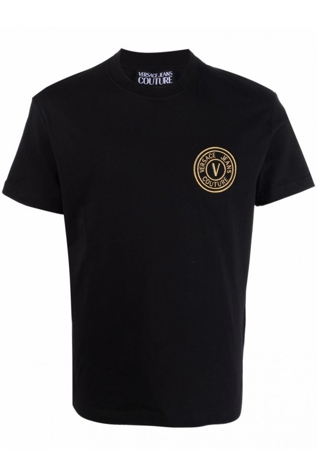 Versace Jeans Couture Embroidered-Logo Cotton T-Shirt  72GAHT04 CJ00T G89  Black